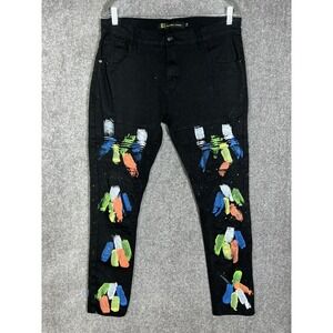 Sacred Crown Paint Splatter Jeans Mens Size 36x30‎ Stretch Black Denim